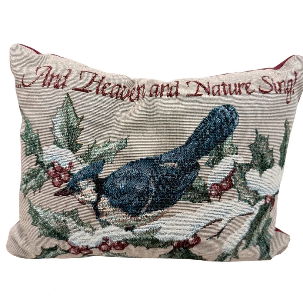 VTG Tapestry Pillow Christmas Bird Burgundy Nature cottagecore cabin festive